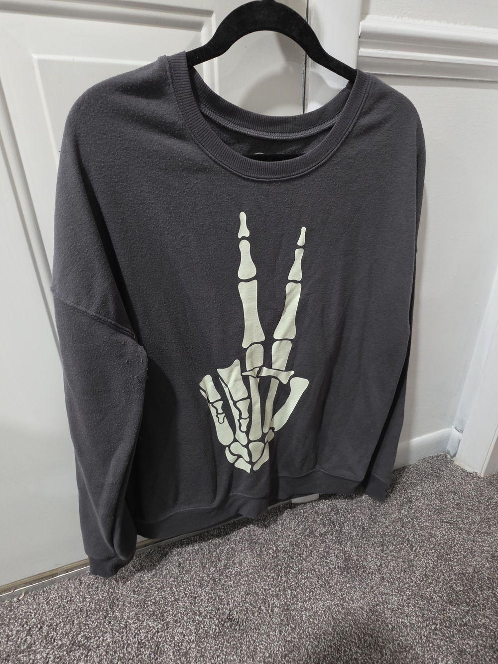 Cold Crush Charcoal Sweatshirt with Pale Glow Skeleton Peace Graphic